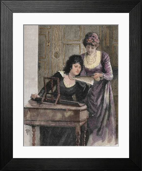 Framed Print : Women with a harpsichord. Colored engraving, 1895 Framed Print : Women with a harpsichord. Colored engraving, 1895