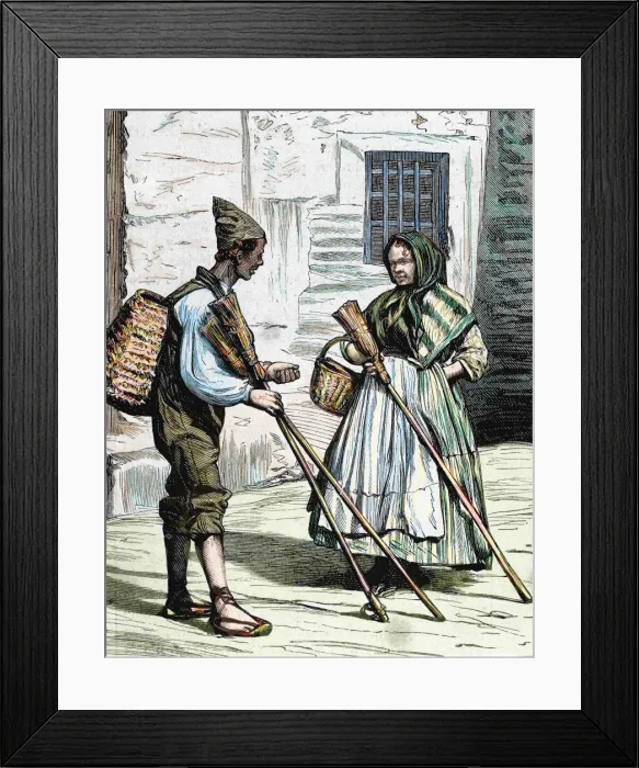 Framed Print : Popular types. Sellers of brooms. Valencia. Spain. Colored e Framed Print : Popular types. Sellers of brooms. Valencia. Spain. Colored e