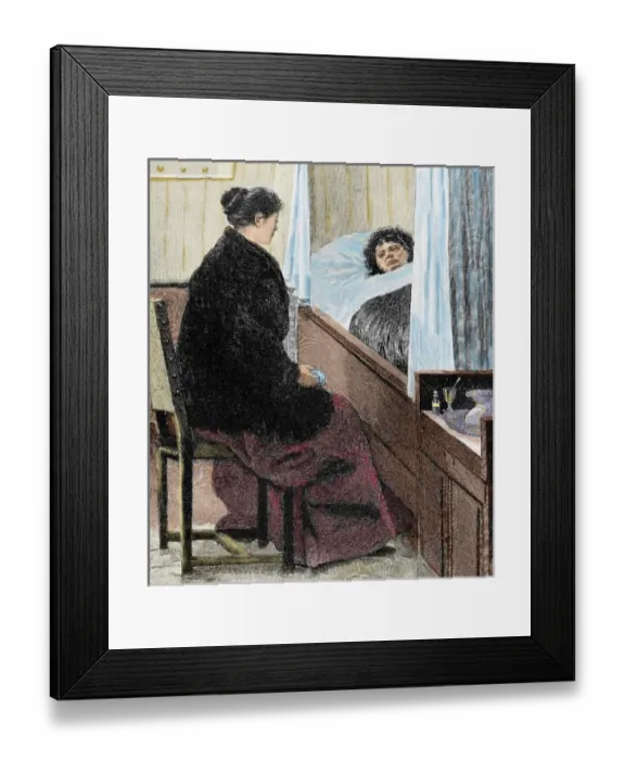 Framed Print : Visiting a sick woman. Colored engraving Framed Print : Visiting a sick woman. Colored engraving