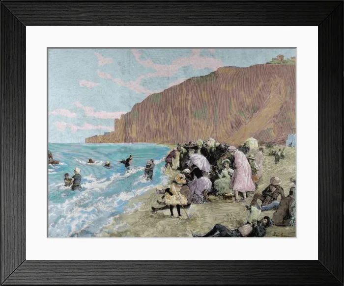 Framed Print : Spain. Catalonia. Barcelona. Bath at the beach. Engraving Framed Print : Spain. Catalonia. Barcelona. Bath at the beach. Engraving