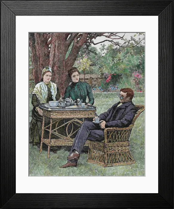 Framed Print : Drinking coffee in the garden. Colored engraving, 1876 Framed Print : Drinking coffee in the garden. Colored engraving, 1876