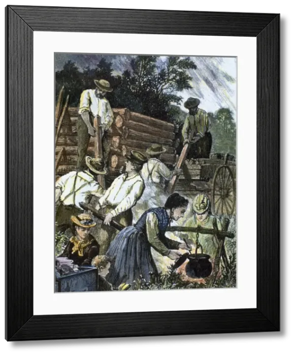 Framed Print : USA. Settlers building their homes in the West (1874) Framed Print : USA. Settlers building their homes in the West (1874)