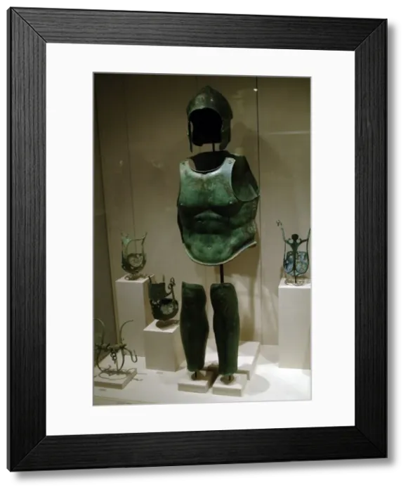 Framed Print : Greek art. Magna Graecia. Bronze helmet, cuirass and shin gu Framed Print : Greek art. Magna Graecia. Bronze helmet, cuirass and shin gu