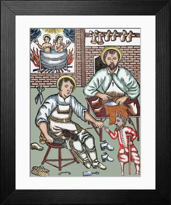 Framed Print : Two Saints make shoes being tempted by the devil. Colored wo Framed Print : Two Saints make shoes being tempted by the devil. Colored wo