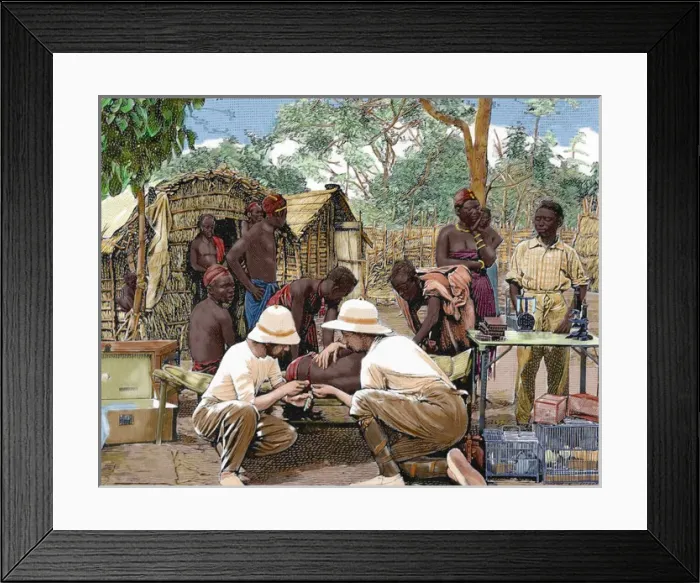 Framed Print : Africa. European doctors examining a native attacked by slee Framed Print : Africa. European doctors examining a native attacked by slee