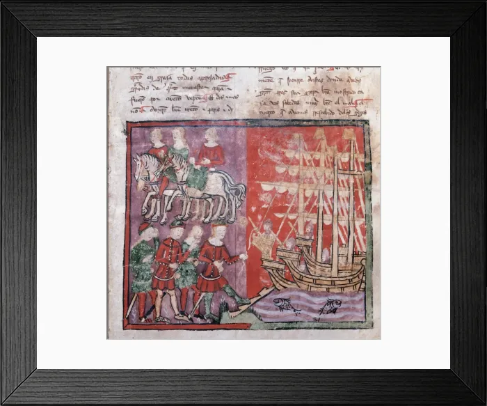 Framed Print : Gothic Art. Spain. Miniature depicting knights embarking Framed Print : Gothic Art. Spain. Miniature depicting knights embarking