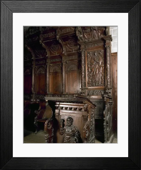 Framed Print : Barbastro Cathedral. Choir stalls in oak. First, a relief re Framed Print : Barbastro Cathedral. Choir stalls in oak. First, a relief re