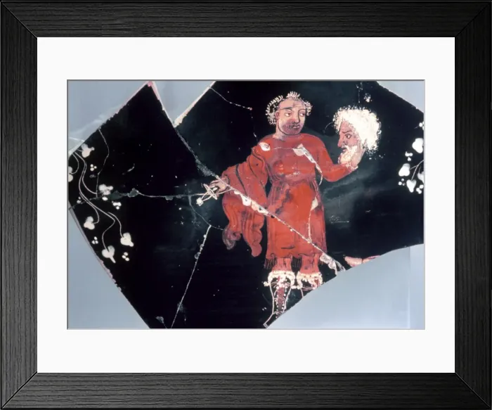 Framed Print : Greek krater dated c. 350 BC. An actor removing his mask aft Framed Print : Greek krater dated c. 350 BC. An actor removing his mask aft
