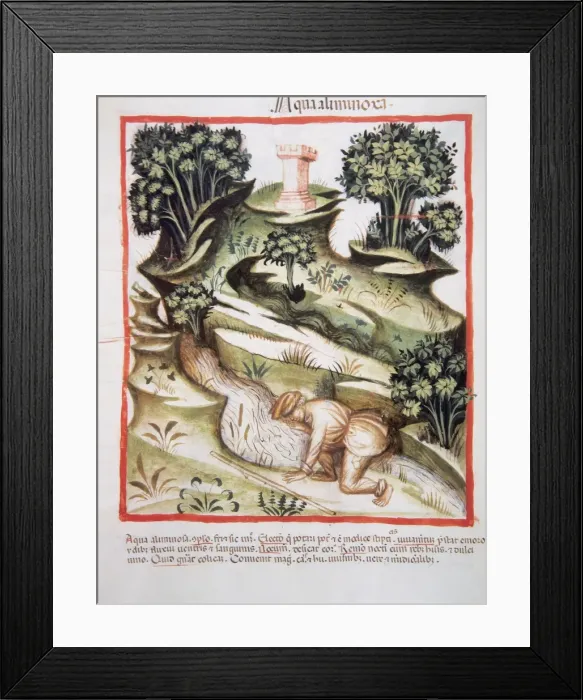 Framed Print : Tacuinum Sanitatis. A man drinks water from a river Framed Print : Tacuinum Sanitatis. A man drinks water from a river