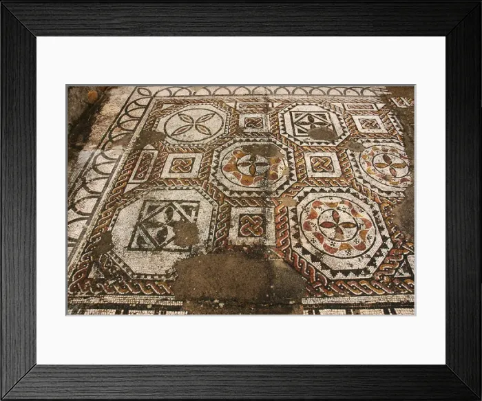 Framed Print : Roman Villa of Pisoes. Polychrome mosaic with geometric moti Framed Print : Roman Villa of Pisoes. Polychrome mosaic with geometric moti