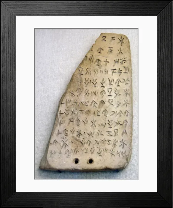 Framed Print : Tablet of terracotta with inscription in Cypriot syllabic sc Framed Print : Tablet of terracotta with inscription in Cypriot syllabic sc