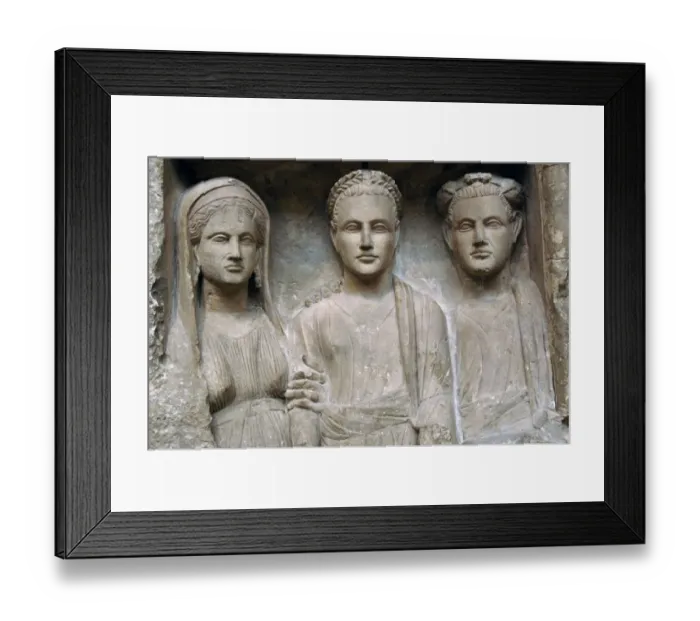 Framed Print : Roman funerary stele with high relief of three figures. 1st Framed Print : Roman funerary stele with high relief of three figures. 1st