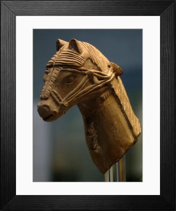 Framed Print : Terracotta head of a horse wearing a harness, part of a larg Framed Print : Terracotta head of a horse wearing a harness, part of a larg