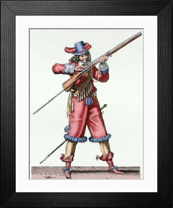 Framed Print : Musketeer of the Infantry of Louis XIV blowing the fuse of t Framed Print : Musketeer of the Infantry of Louis XIV blowing the fuse of t