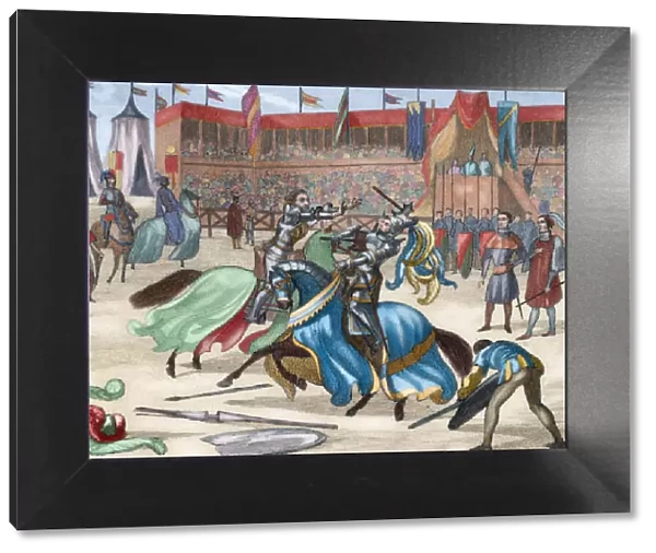 Medieval tournament. Colored engraving. 19th century