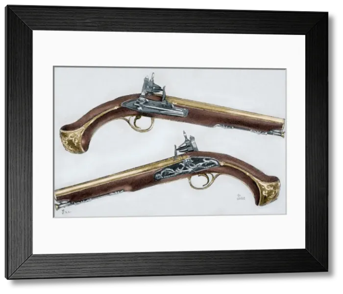 Framed Print : Pistols. 18th century. Colored engraving Framed Print : Pistols. 18th century. Colored engraving