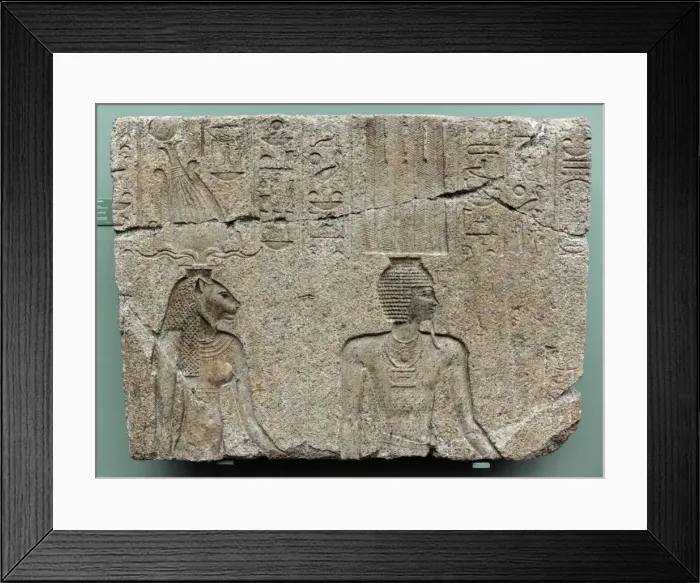 Framed Print : Relief depicting the lion goddess Mehit and the god Onuris-S Framed Print : Relief depicting the lion goddess Mehit and the god Onuris-S