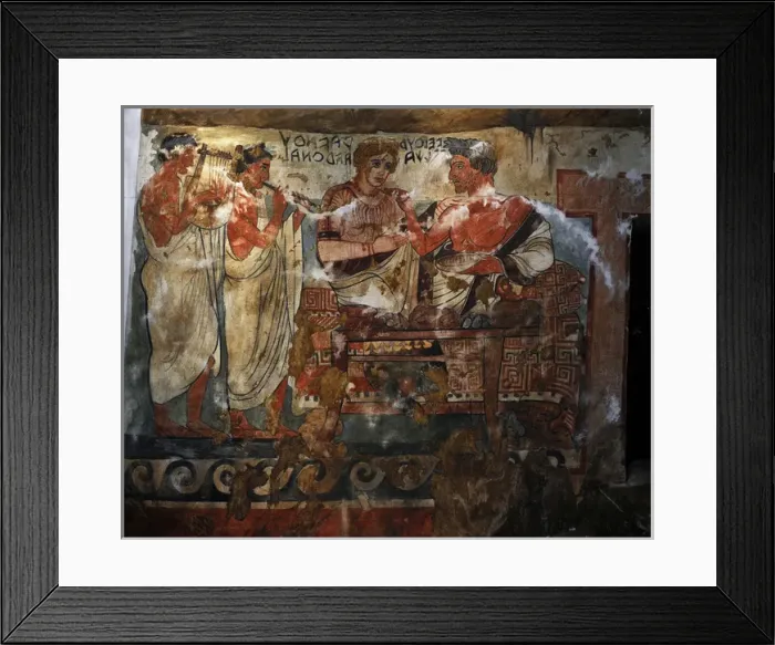 Framed Print : Copy of Etruscan wall painting. Tomb of the Shields. c. 350 Framed Print : Copy of Etruscan wall painting. Tomb of the Shields. c. 350