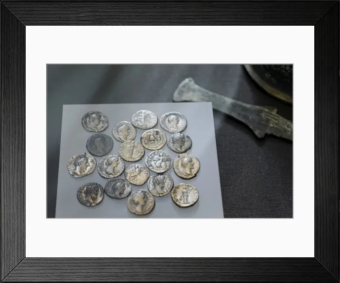 Framed Print : Roman silver denarius coins. From Nydan Bog. Ny Carlsberg Gl Framed Print : Roman silver denarius coins. From Nydan Bog. Ny Carlsberg Gl