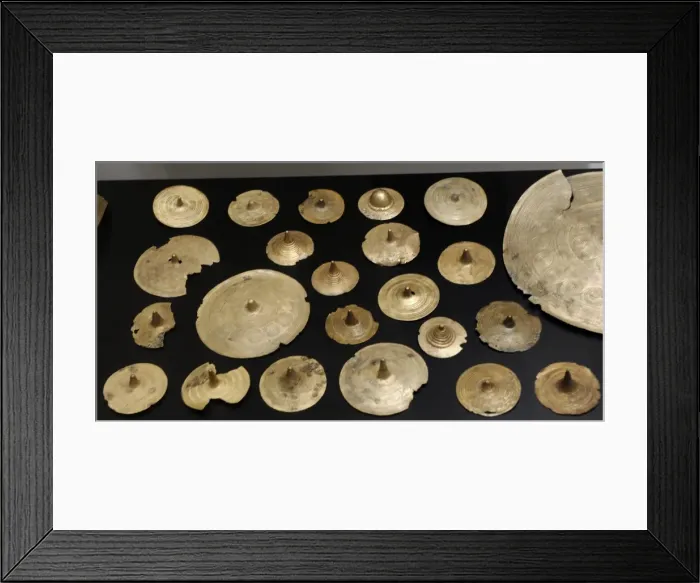 Framed Print : Circular bronze belt ornaments. Bronze Age. 1400 BC. Found a Framed Print : Circular bronze belt ornaments. Bronze Age. 1400 BC. Found a