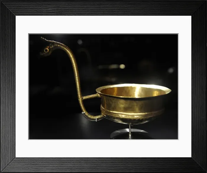 Framed Print : Bronze Age. Golden bowls, most with handle shaped like horse Framed Print : Bronze Age. Golden bowls, most with handle shaped like horse