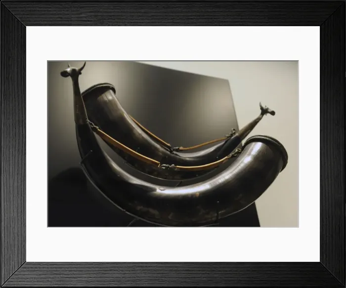 Framed Print : Grave goods from Dollerup in Jutland. Two drinking horns wit Framed Print : Grave goods from Dollerup in Jutland. Two drinking horns wit