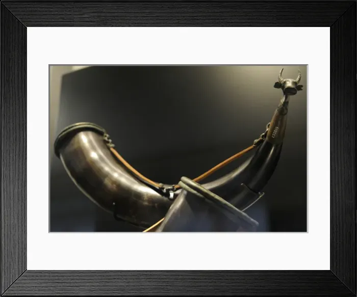 Framed Print : Grave goods from Dollerup in Jutland. Two drinking horns wit Framed Print : Grave goods from Dollerup in Jutland. Two drinking horns wit