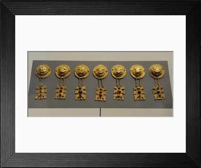 Framed Print : Metal Age. Gold ornaments with lions head. Womans grave fr Framed Print : Metal Age. Gold ornaments with lions head. Womans grave fr