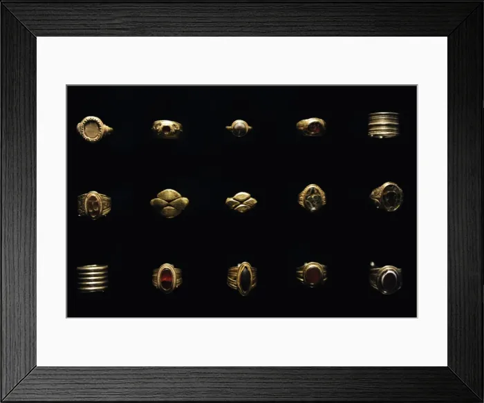 Framed Print : Finger rings from 1st-6th centuries AD. Gold. The use over f Framed Print : Finger rings from 1st-6th centuries AD. Gold. The use over f
