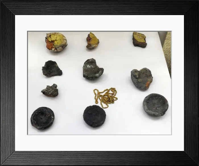 Framed Print : Remains of vitreous mass, clays crucible and pearls. 13th c Framed Print : Remains of vitreous mass, clays crucible and pearls. 13th c