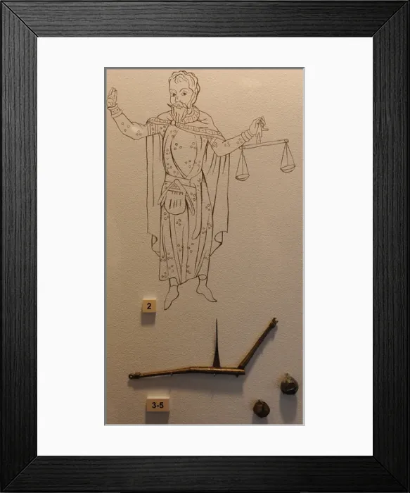 Framed Print : Scale with weights of platinum, 13th century Framed Print : Scale with weights of platinum, 13th century