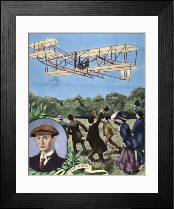 Framed Print : Wilbur Wright (1867-1912). Plane flying. France. Colored en Framed Print : Wilbur Wright (1867-1912). Plane flying. France. Colored en