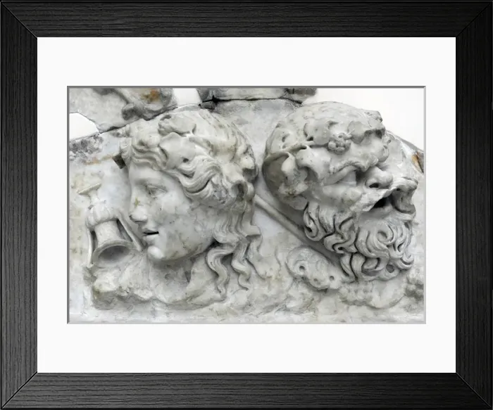Framed Print : Masks of Dionysos and Silenos. Roman relief. 2nd century AD Framed Print : Masks of Dionysos and Silenos. Roman relief. 2nd century AD
