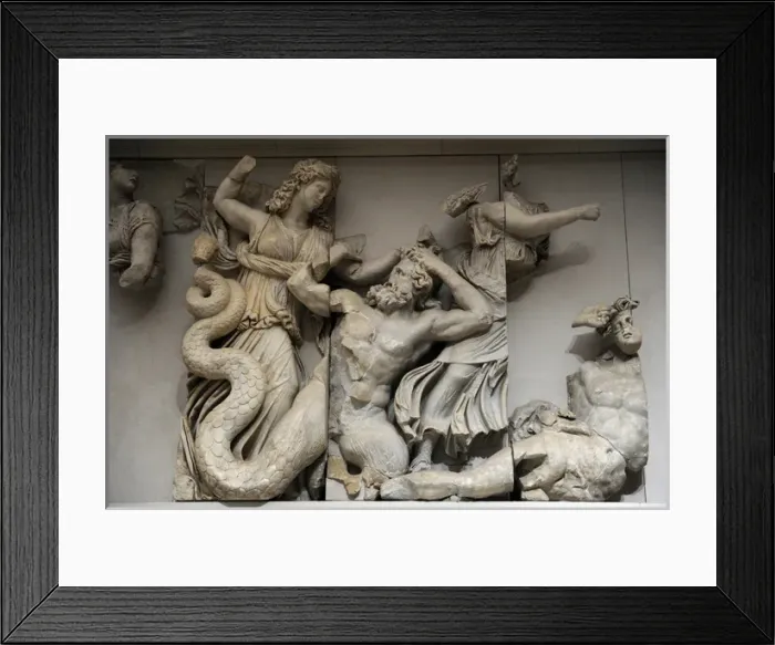 Framed Print : Pergamon Altar. The three Moirai, goddesses of fate, kill th Framed Print : Pergamon Altar. The three Moirai, goddesses of fate, kill th