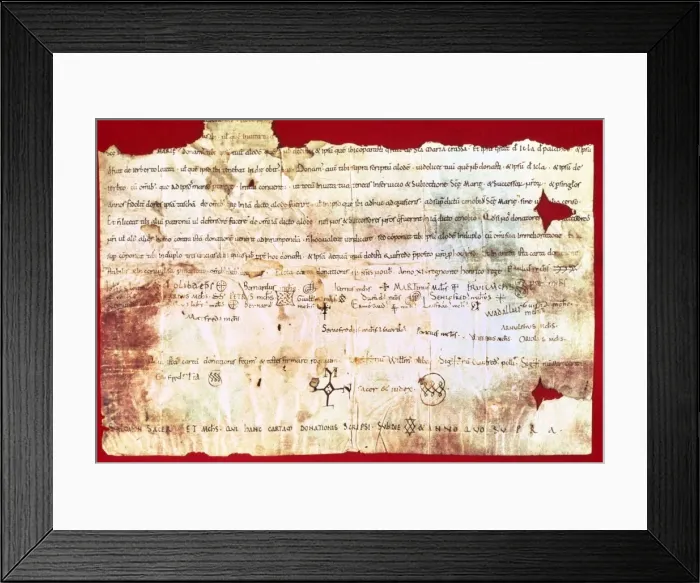 Framed Print : Parchment. 11th century. Land donation for Monastery of Sant Framed Print : Parchment. 11th century. Land donation for Monastery of Sant