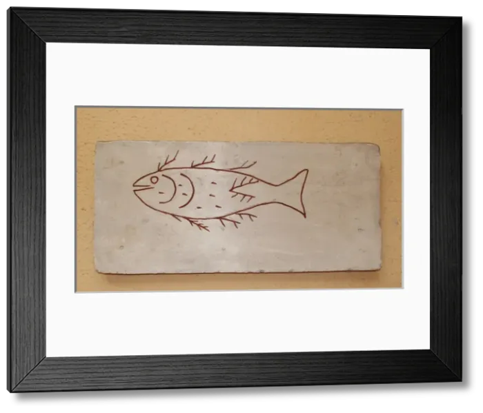 Framed Print : Roman tombstone depicting a fish. Plaster copy. After 4th cn Framed Print : Roman tombstone depicting a fish. Plaster copy. After 4th cn