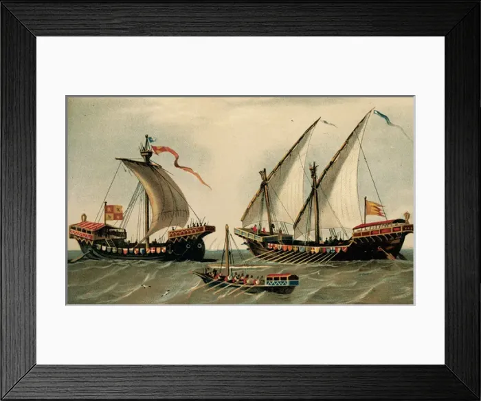 Framed Print : Sailing vessels. History. 16th century. Engraving colored. L Framed Print : Sailing vessels. History. 16th century. Engraving colored. L