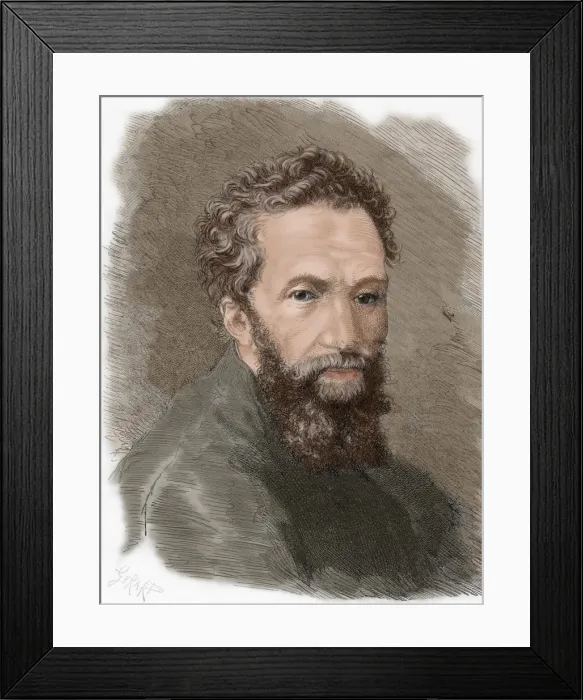 Framed Print : Michelangelo Buonarroti (1475-1564). Colored engraving Framed Print : Michelangelo Buonarroti (1475-1564). Colored engraving