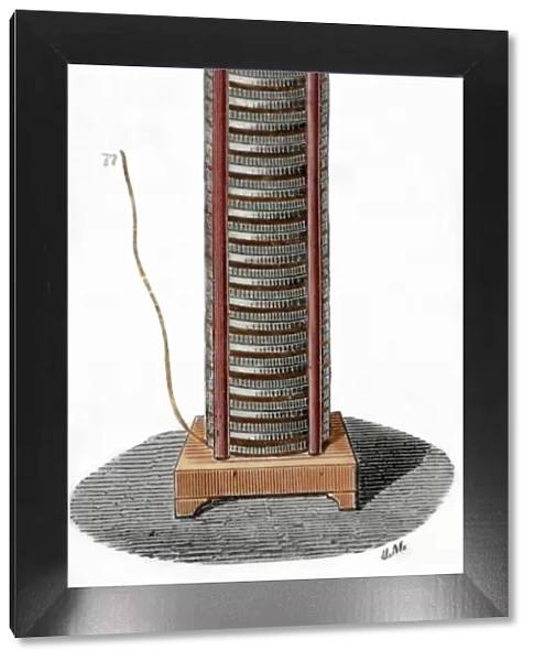 Voltaic pile by alessandro Volta. Colored engraving