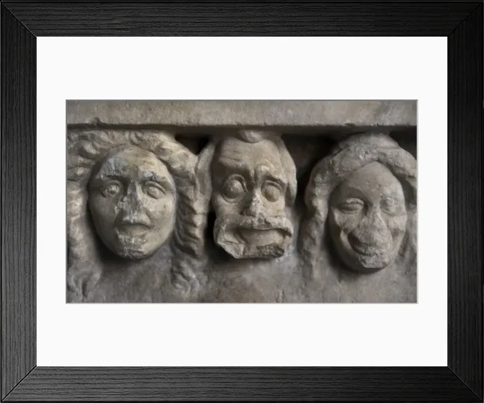 Framed Print : Detail of the masks of a votive stele. 4th century BC Framed Print : Detail of the masks of a votive stele. 4th century BC