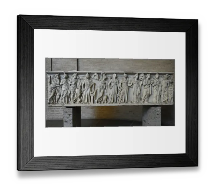 Framed Print : Roman sarcophagus. About 180 AD. Athena, Apollo and the nine Framed Print : Roman sarcophagus. About 180 AD. Athena, Apollo and the nine