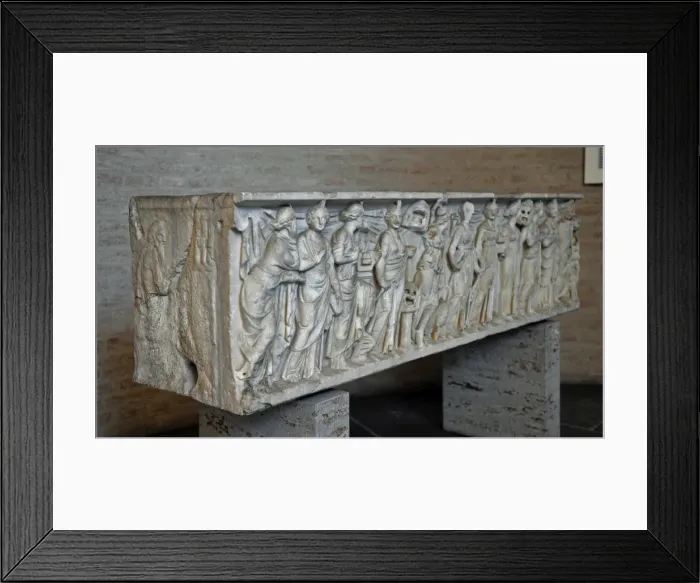 Framed Print : Roman sarcophagus. About 180 AD. Athena, Apollo and the nine Framed Print : Roman sarcophagus. About 180 AD. Athena, Apollo and the nine