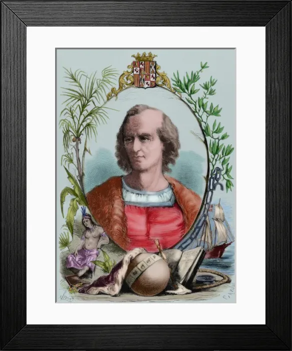 Framed Print : Christopher Columbus (1451-1506). Engraving. Colored Framed Print : Christopher Columbus (1451-1506). Engraving. Colored