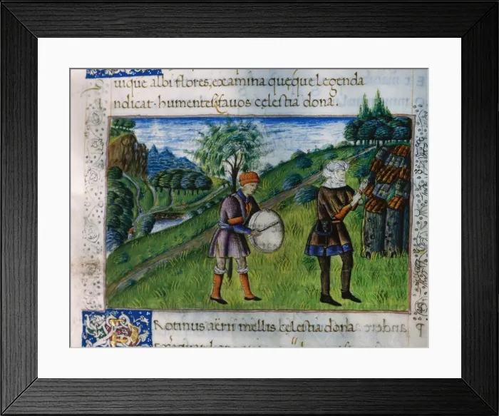 Framed Print : Georgics by Virgil. 29 BC. Miniature depicting two musicians Framed Print : Georgics by Virgil. 29 BC. Miniature depicting two musicians
