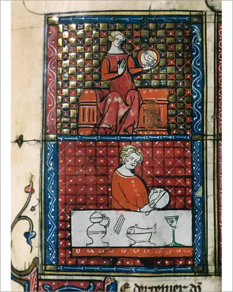 Lady sitting with a dove (top) and a man cutting bread (bott