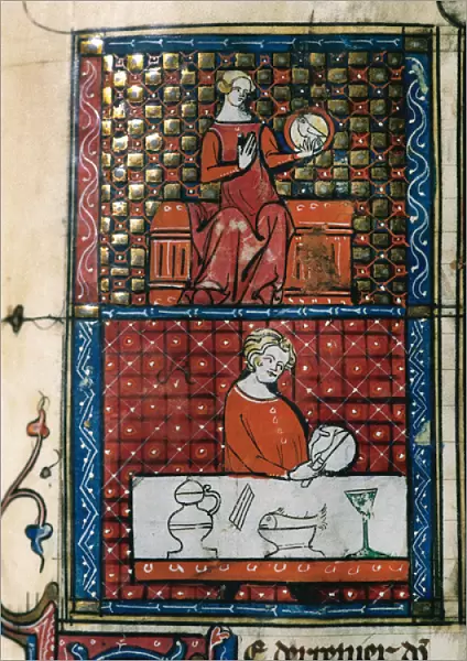 Lady sitting with a dove (top) and a man cutting bread (bott