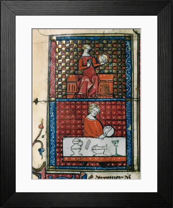 Framed Print : Lady sitting with a dove (top) and a man cutting bread (bott Framed Print : Lady sitting with a dove (top) and a man cutting bread (bott