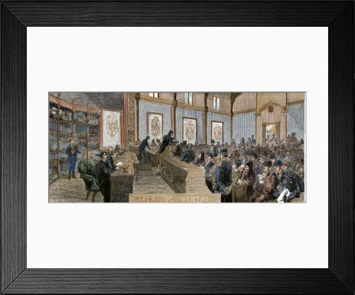 Framed Print : Spain. 19th century. Pawnshop and Savings Bank. Sales room Framed Print : Spain. 19th century. Pawnshop and Savings Bank. Sales room