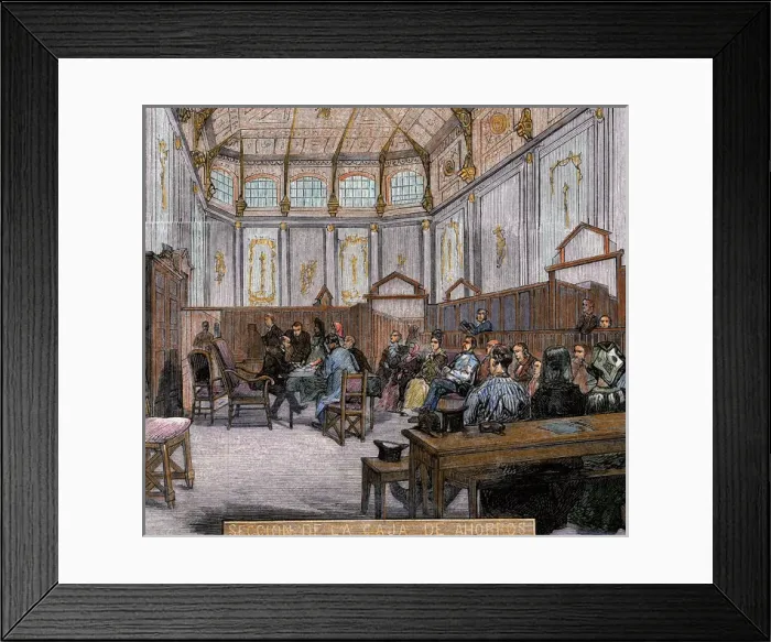 Framed Print : Spain. 19th century. Savings Bank. Madrid. Colored engraving Framed Print : Spain. 19th century. Savings Bank. Madrid. Colored engraving