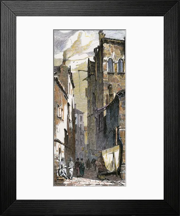Framed Print : Italy. Venice. 19th century. Street. Colored engraving Framed Print : Italy. Venice. 19th century. Street. Colored engraving